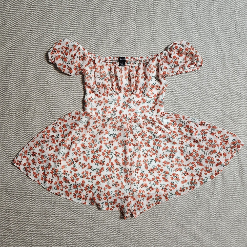 Justify Floral Romper Off Shoulder Puff Sleeve Smocked Back Red Orange Large